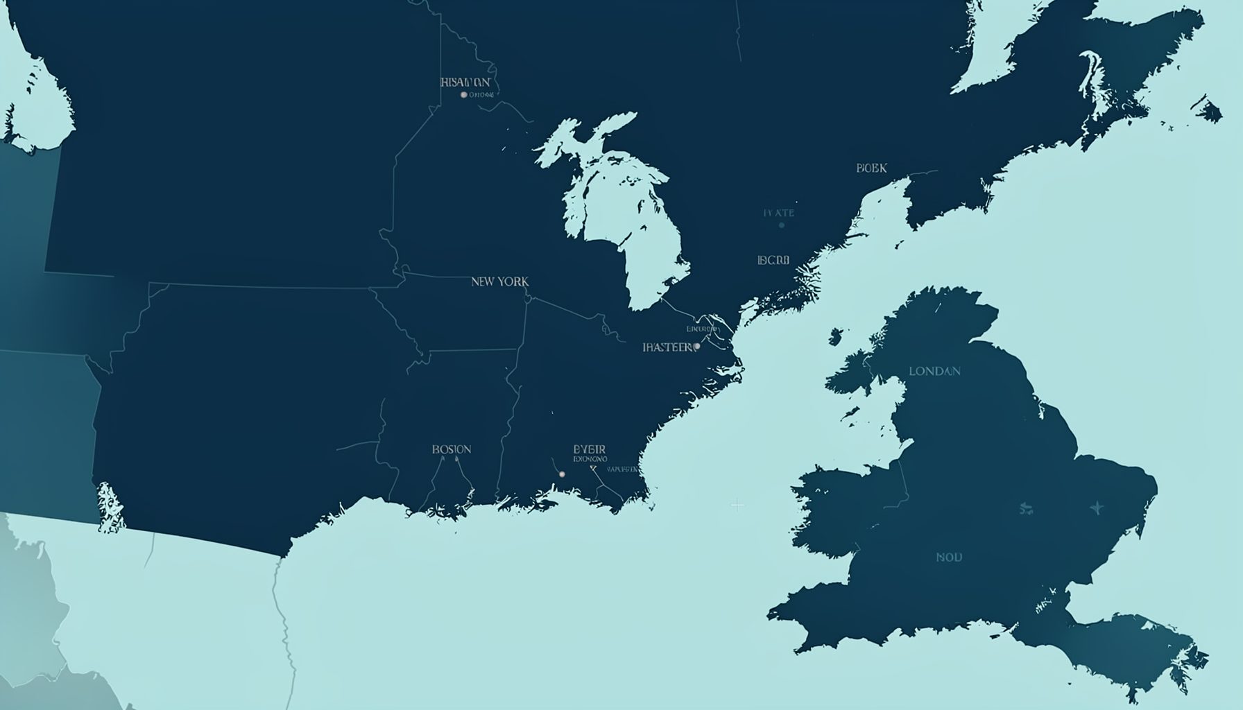 A muted duotone map in deep navy and teal showing the northeastern United States and a portion of England, with subtle markers suggesting historic theater locations across Boston, New York, and London