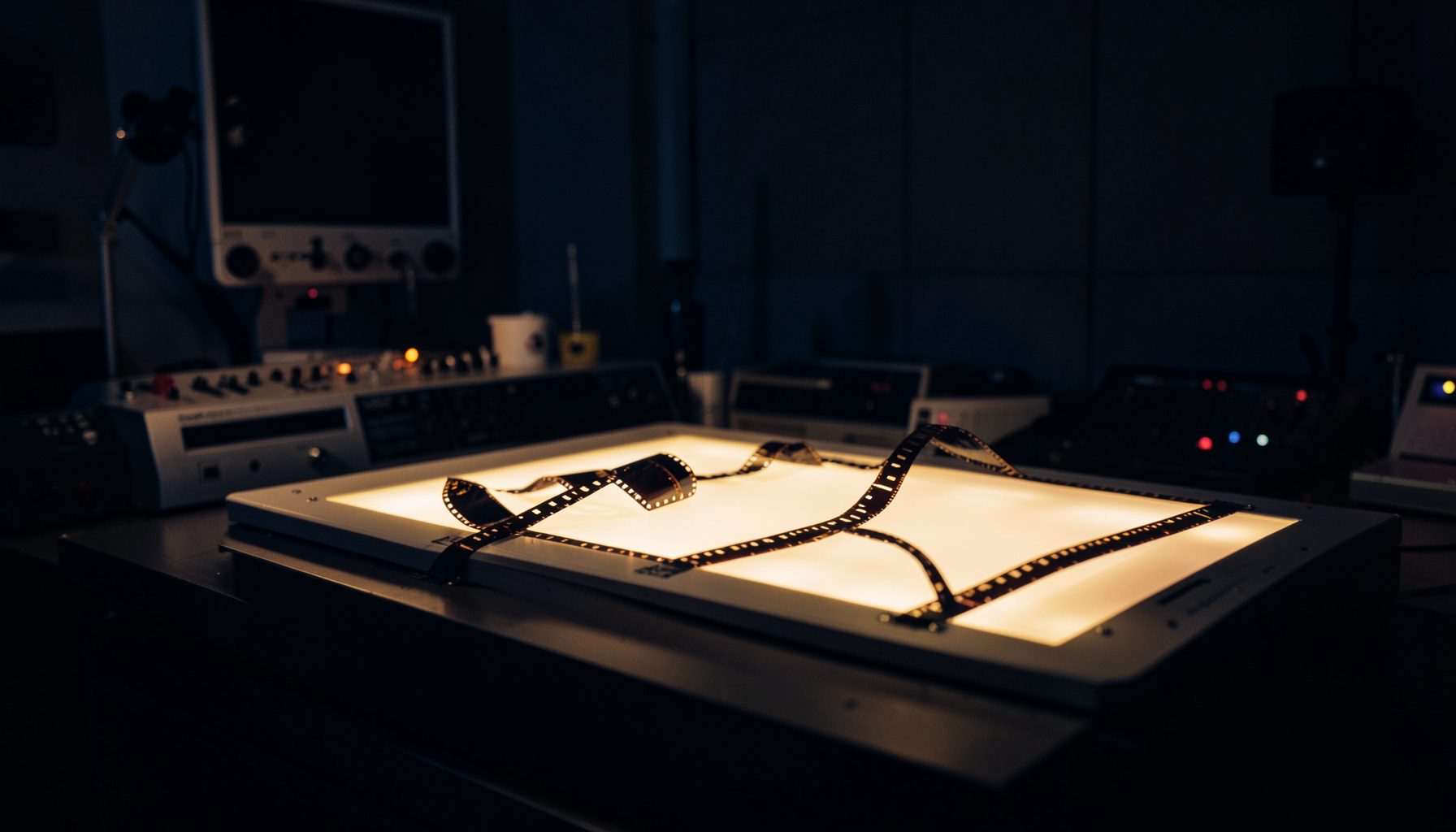A dimly lit film editing suite with a flatbed editor and strips of 16mm film curling across a light table, warm amber glow against deep navy shadows