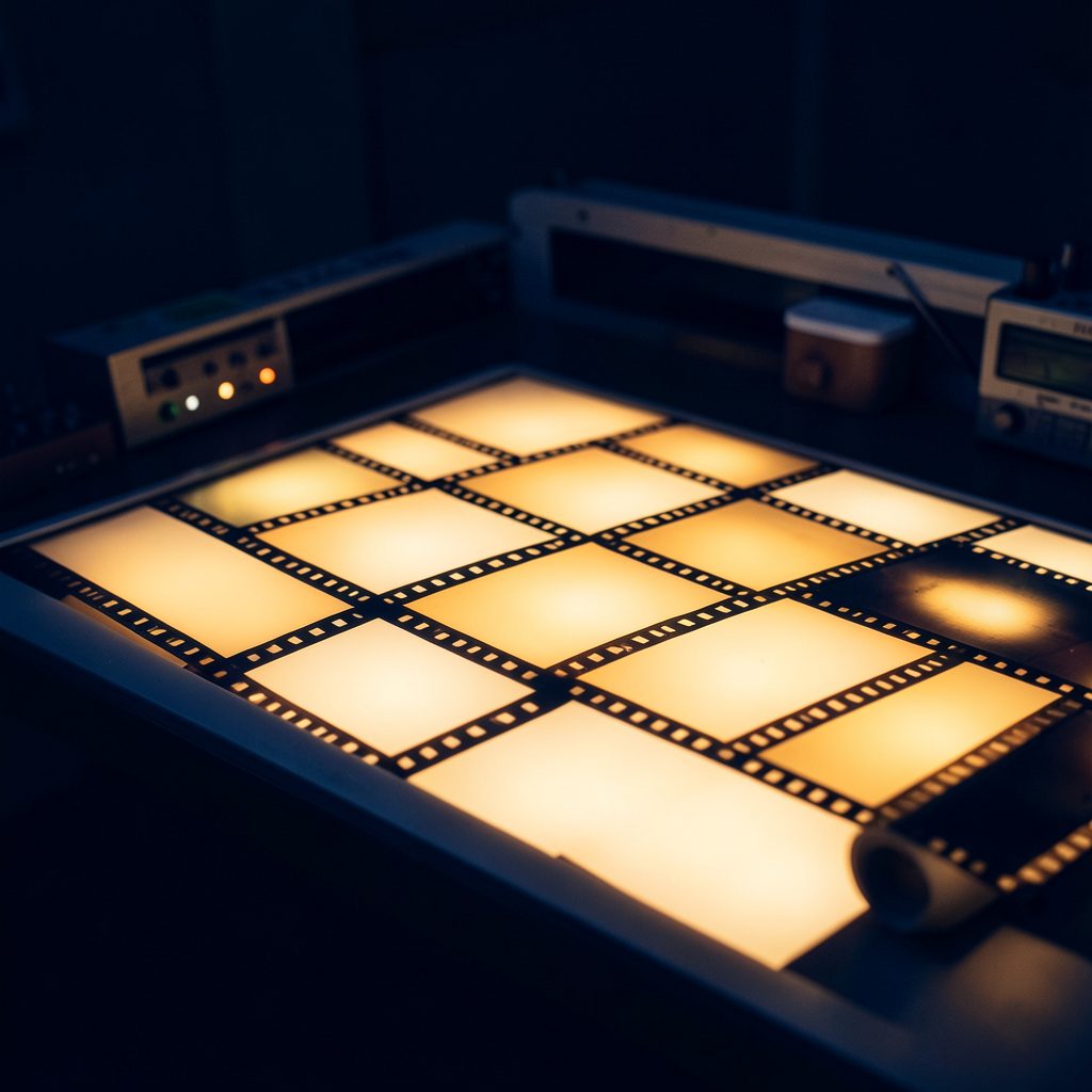 A film editing workspace with strips of 16mm film on a light table, deep navy shadows and warm amber glow from the illuminated surface