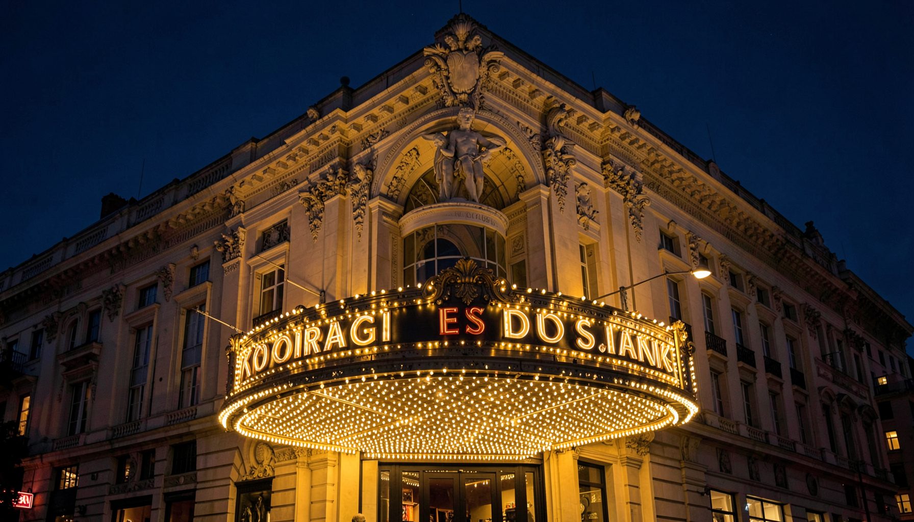A grand Edwardian theater facade at dusk with glowing marquee lights, deep navy sky and warm golden illumination, elegant Beaux-Arts architectural details