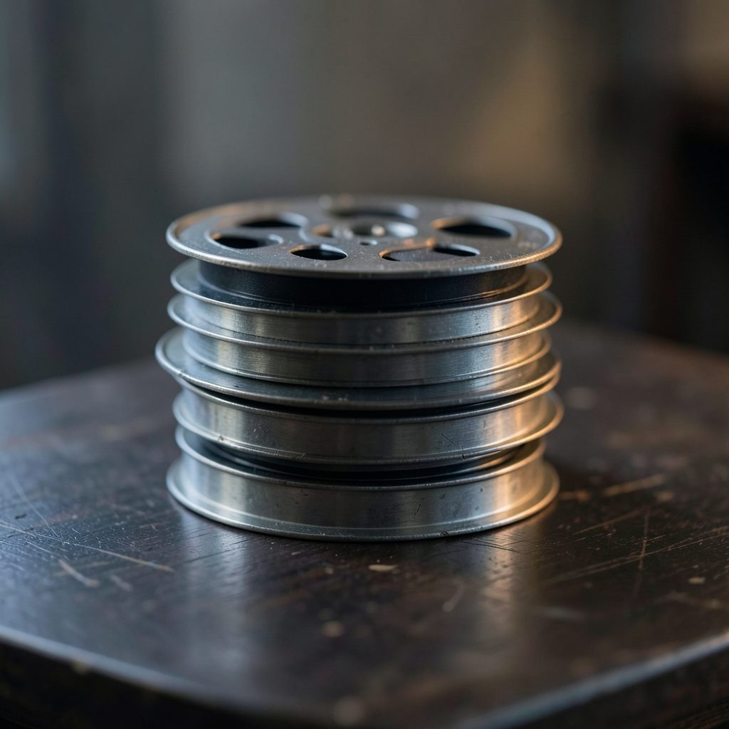 A stack of vintage silent-film reels on a dark wooden table, soft silver and charcoal tones with a single warm highlight