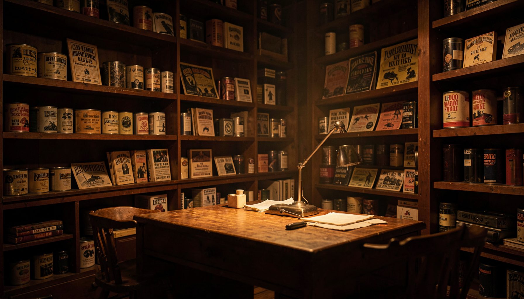 A dimly lit vintage theater archive room with warm amber tones, shelves of old playbills and film canisters, and soft light falling across a wooden research table.