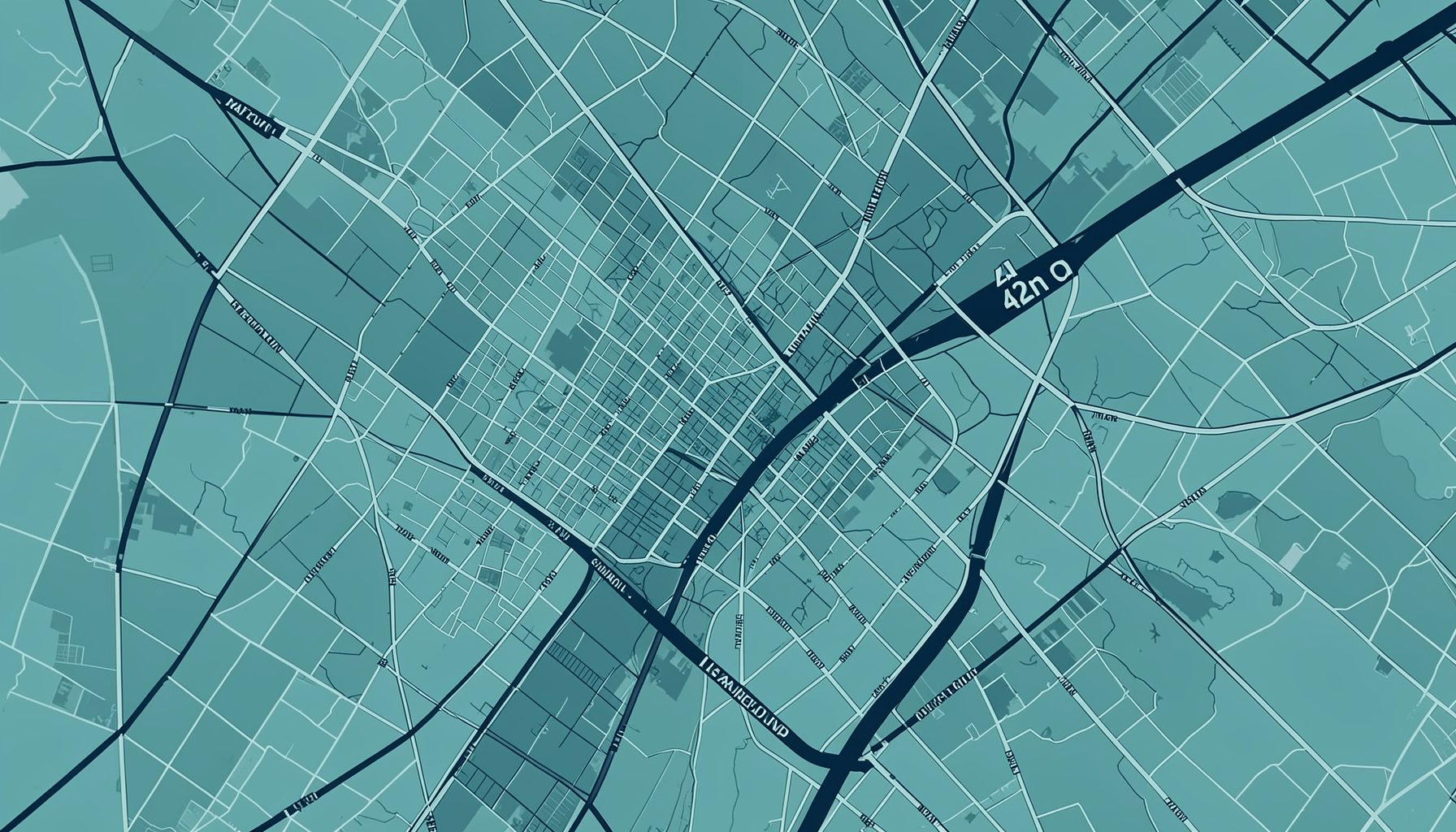 A muted teal-and-navy duotone map of the Midtown Manhattan theater district, with 42nd Street prominently crossing the frame, suggesting the historic Broadway corridor