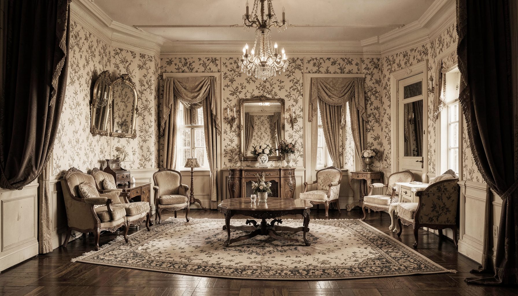 A richly decorated drawing-room stage set with floral wallpaper and period furniture, sepia and cream tones, evoking a 1910s theatrical farce