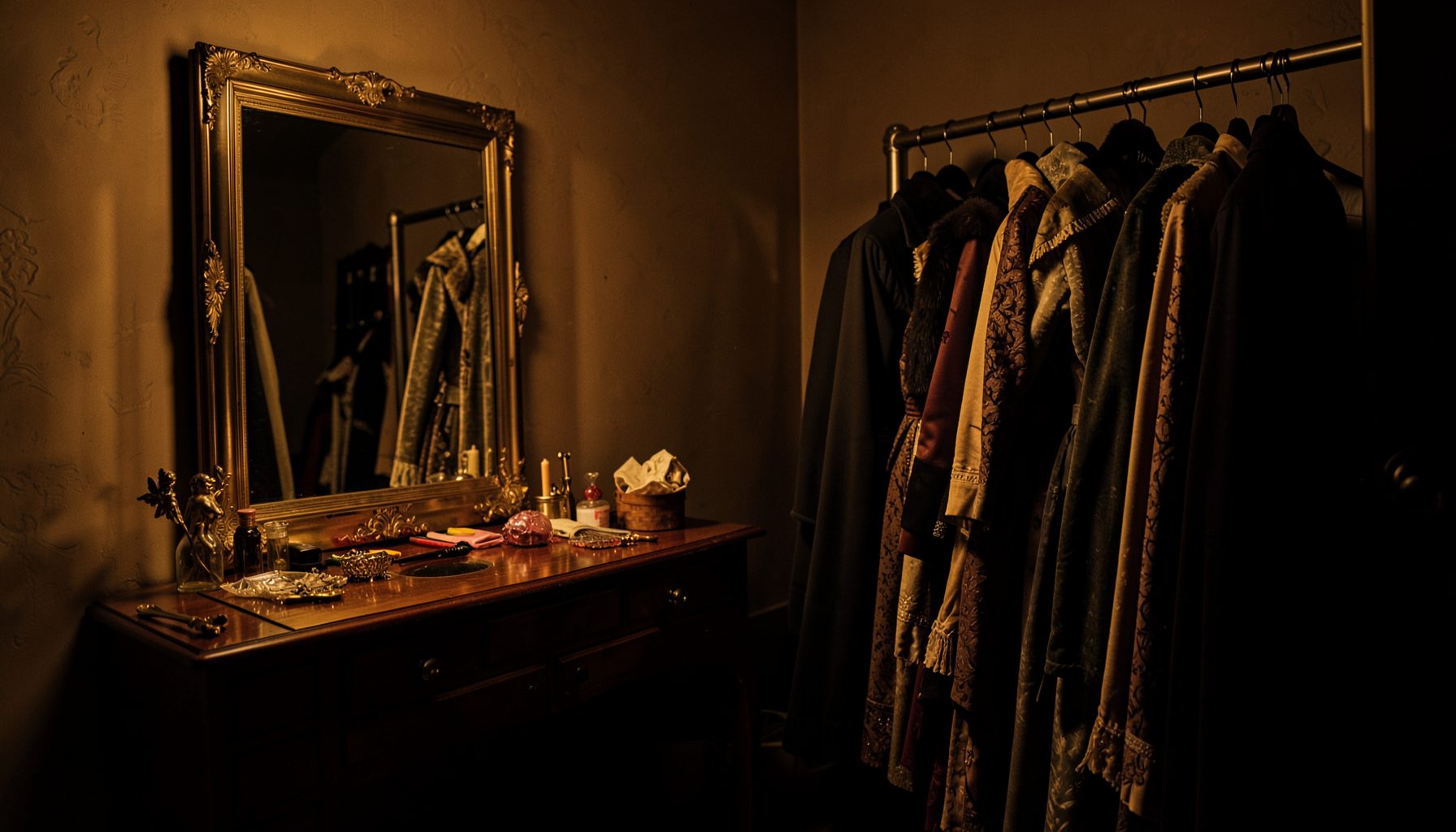 A backstage dressing-room tableau with a mirrored vanity and period costumes on a rack, warm amber light and deep shadow, intimate theatrical atmosphere