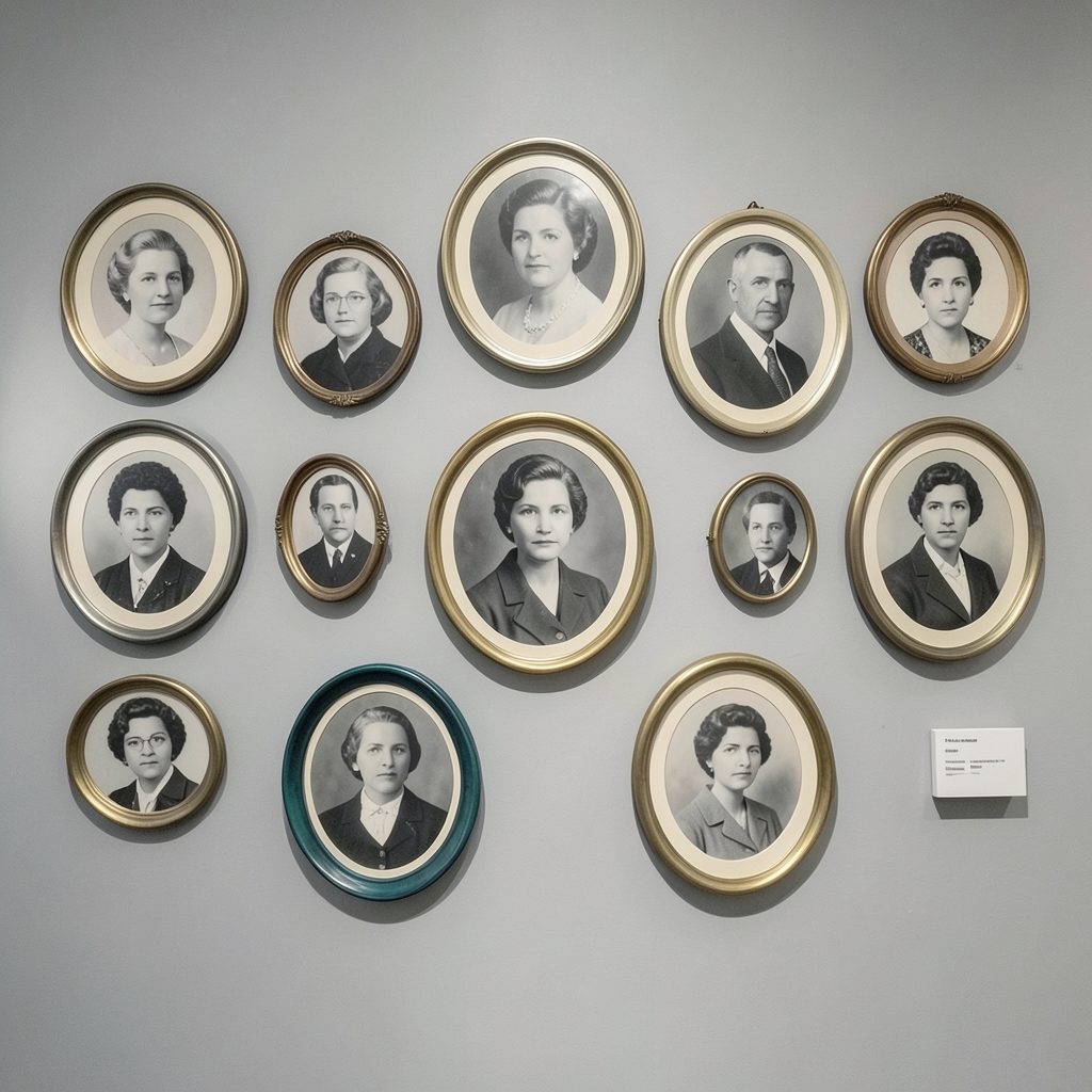 A gallery wall of vintage black-and-white portrait photographs in oval frames, soft gray and cream tones with subtle teal accents