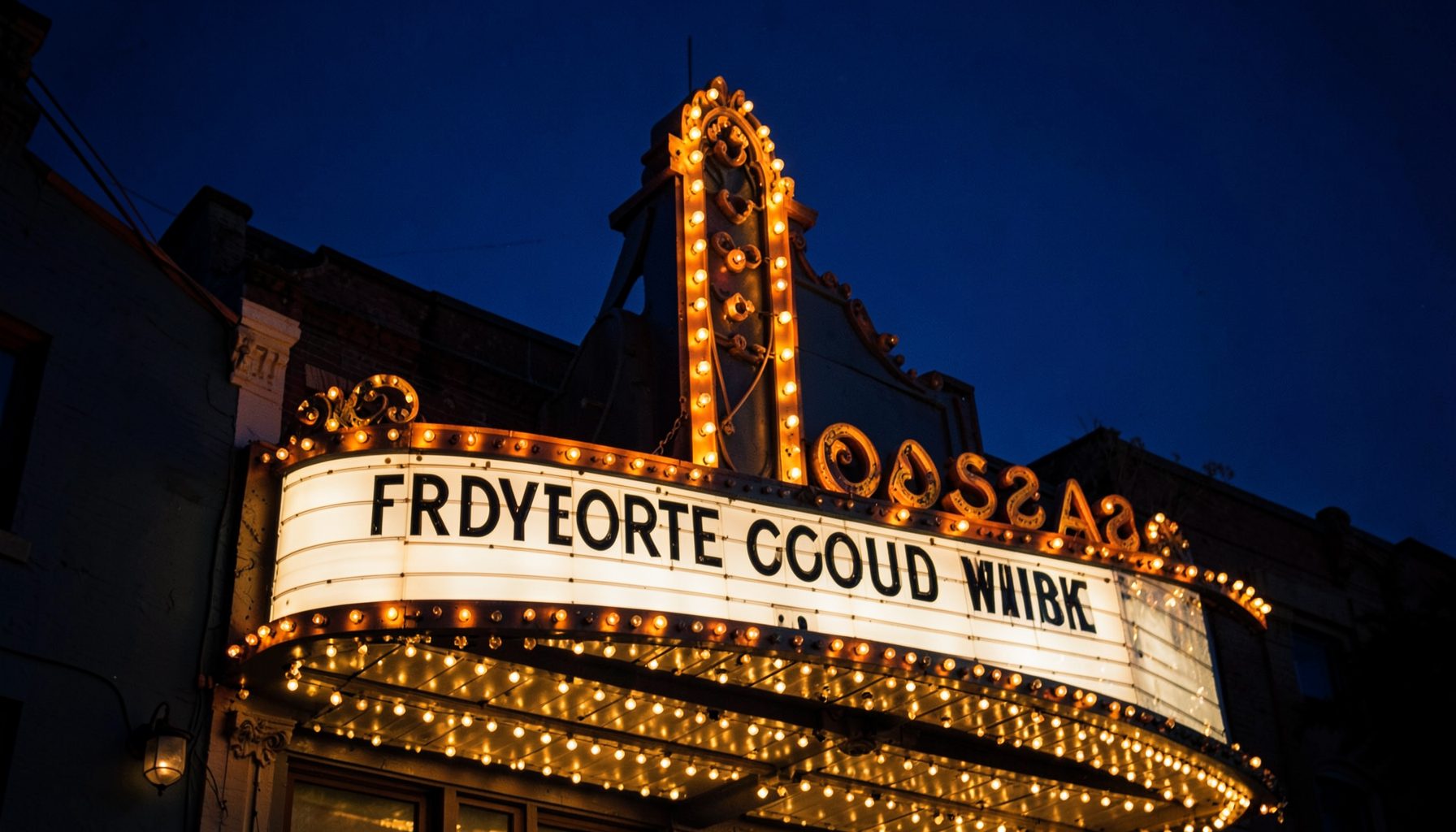 A vintage theater marquee at dusk, warm amber lights glowing against a deep navy-blue night sky, evoking the elegance of early-20th-century Broadway