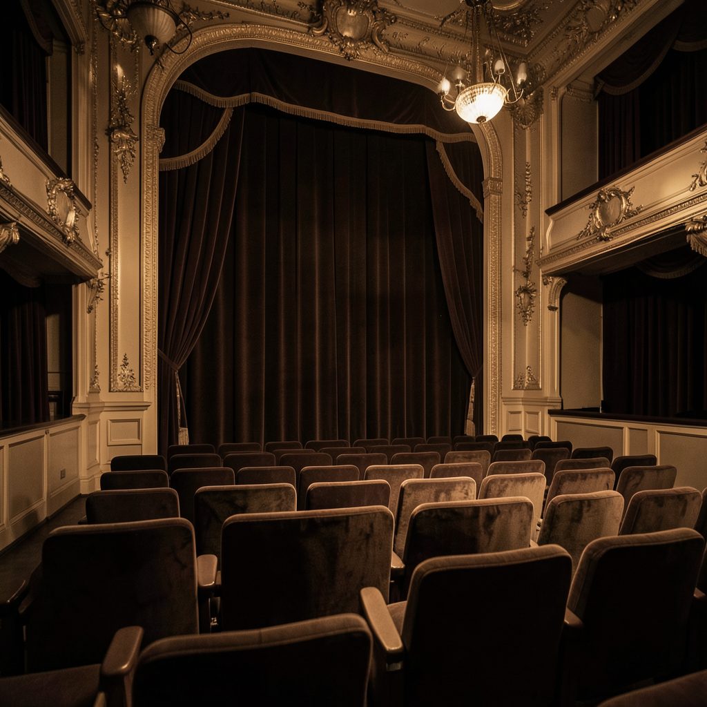 A sepia-toned theatrical interior with velvet curtains and ornate gilded moldings, warm amber light casting long shadows across empty seats